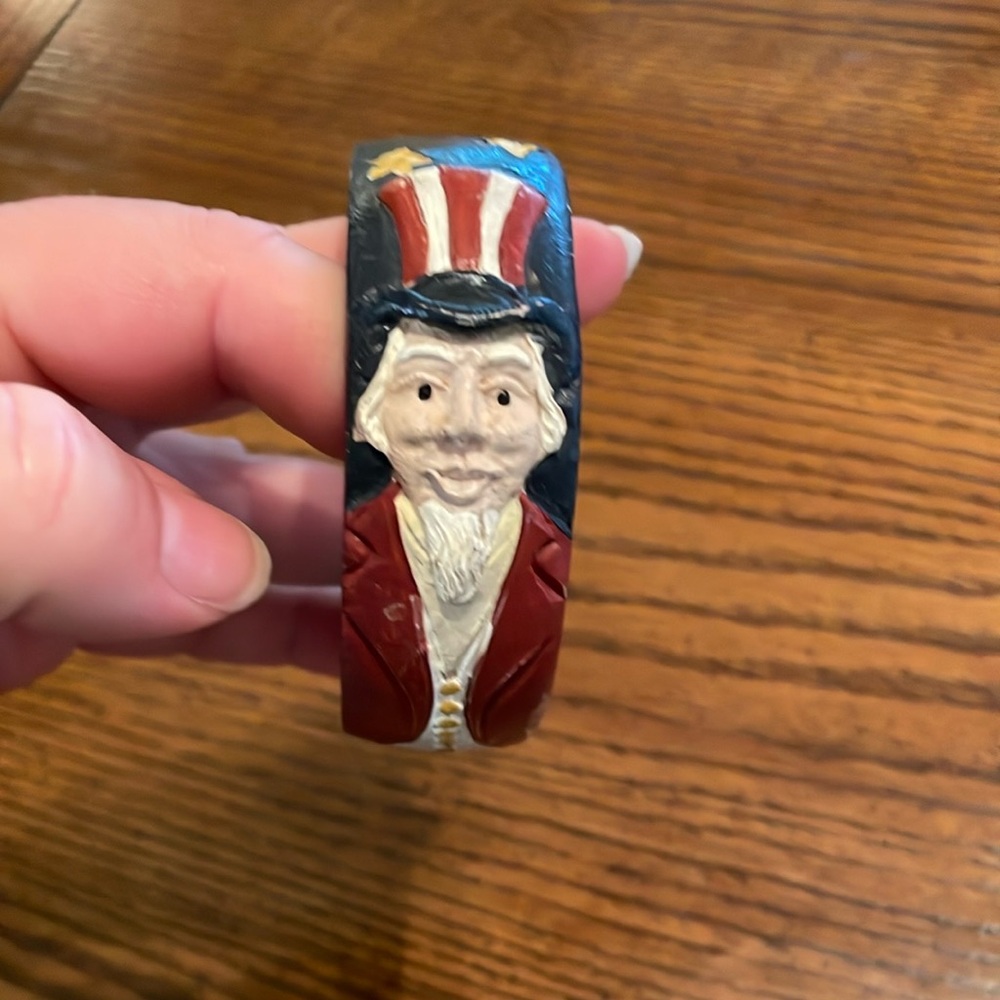 Jim Shore 1990 Folk Art Carved Wood Painted Patriotic Uncle Sam Bangle Bracelet